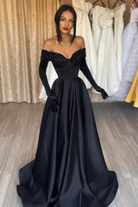 Long Mermaid Black Prom Dress Off-the-shoulder With Gloves