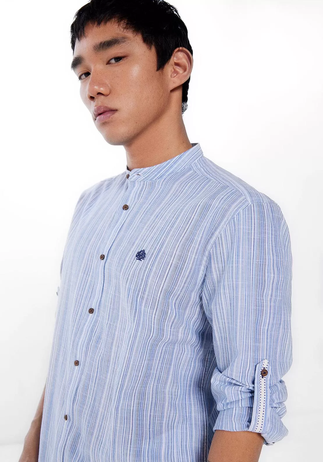 Long Sleeve Mao Stripe Shirt - Blue