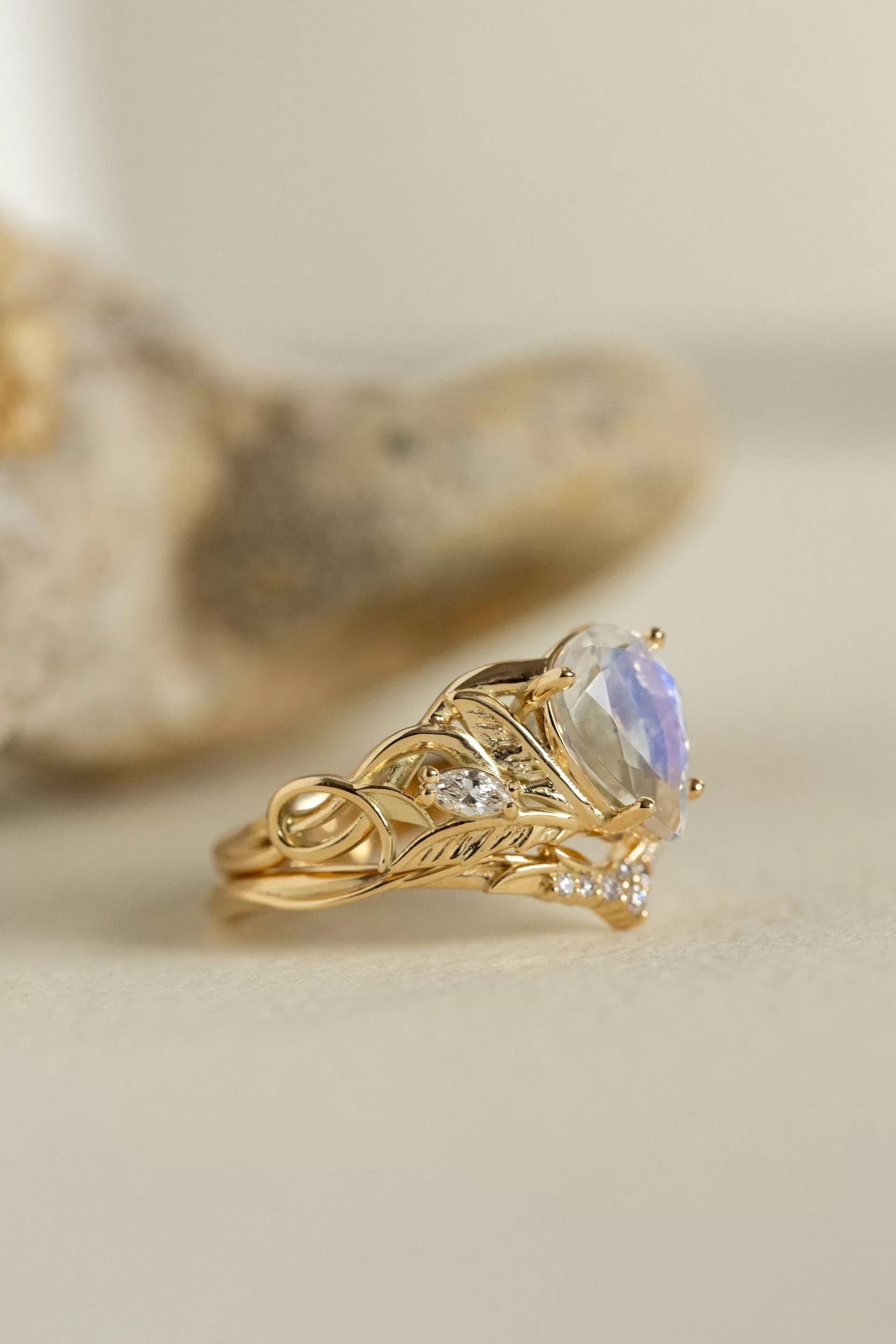 Mythology inspired engagement ring set with moonstone, big pear cut gemstone bridal ring set / Ikar