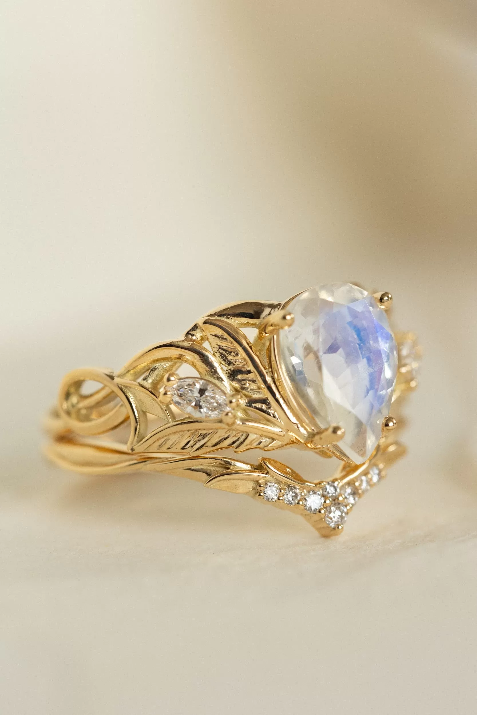 Mythology inspired engagement ring set with moonstone, big pear cut gemstone bridal ring set / Ikar