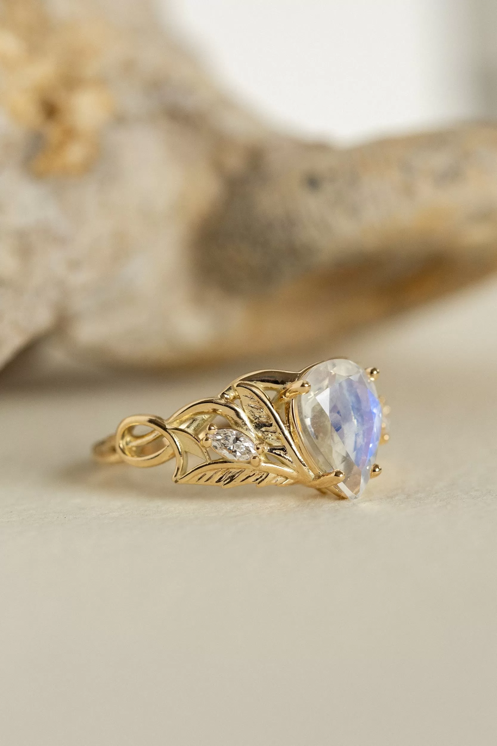 Mythology inspired engagement ring set with moonstone, big pear cut gemstone bridal ring set / Ikar