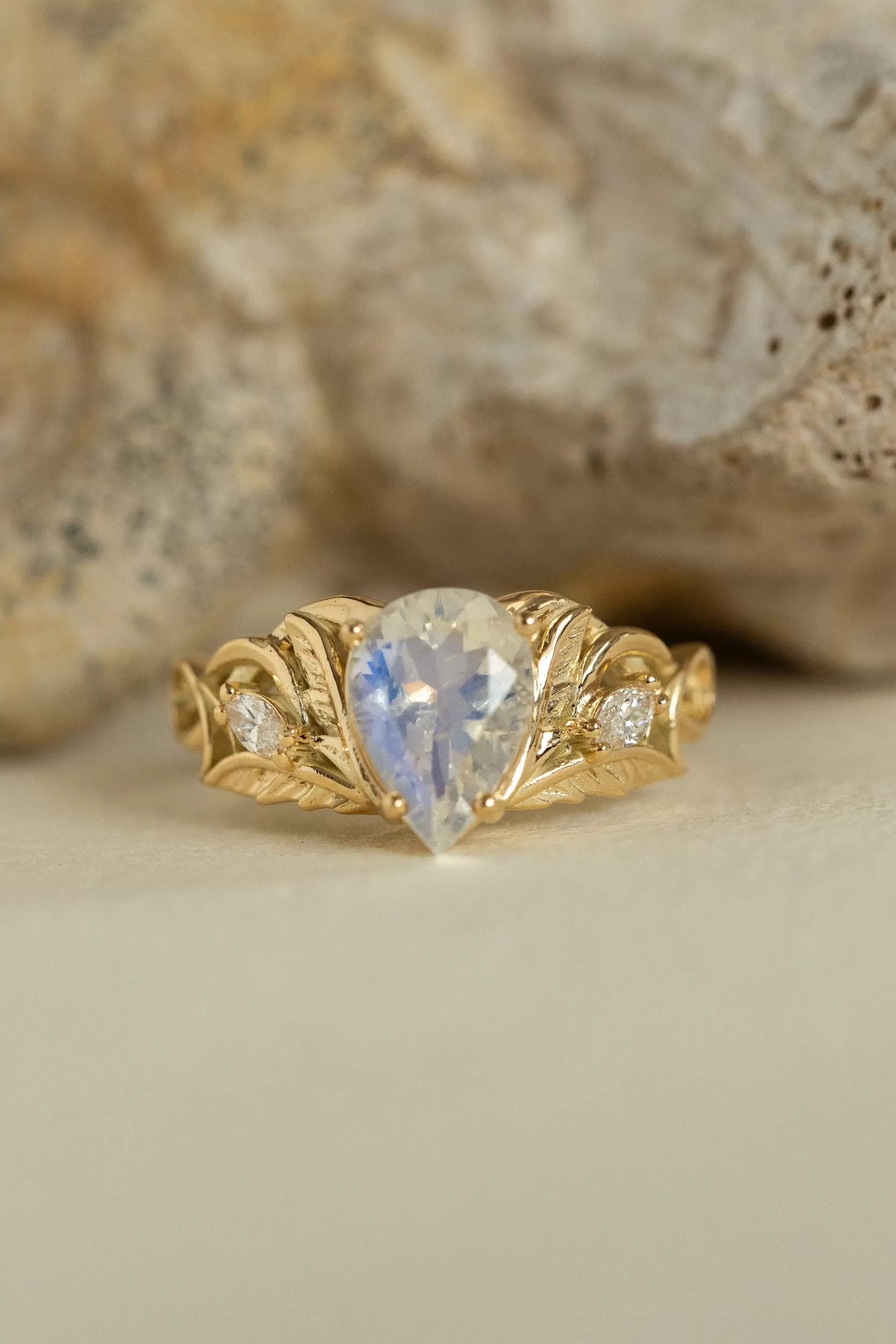 Mythology inspired engagement ring set with moonstone, big pear cut gemstone bridal ring set / Ikar