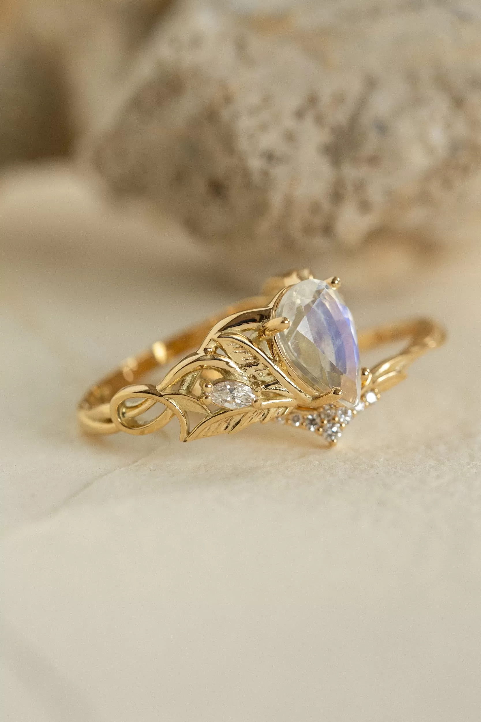 Mythology inspired engagement ring set with moonstone, big pear cut gemstone bridal ring set / Ikar