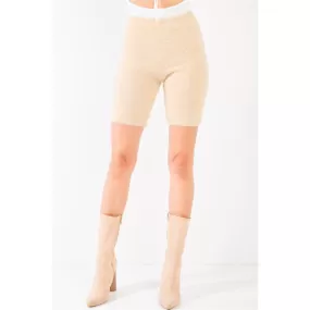 Oatmeal Beige Knit High Waist Stretchy Warm Fuzzy Biker Shorts