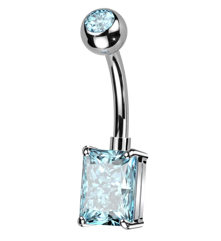 Oblong Prong Aqua CZ Titanium Belly Button Ring