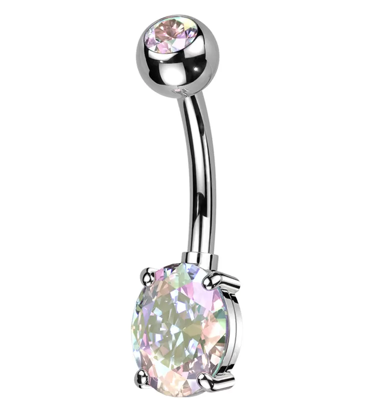 Oval Prong Rainbow Aurora CZ Titanium Belly Button Ring