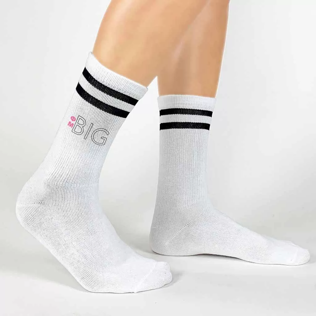 Phi Mu Sorority Socks for your Big and Little with Greek Letters on Striped Cotton Crew Socks