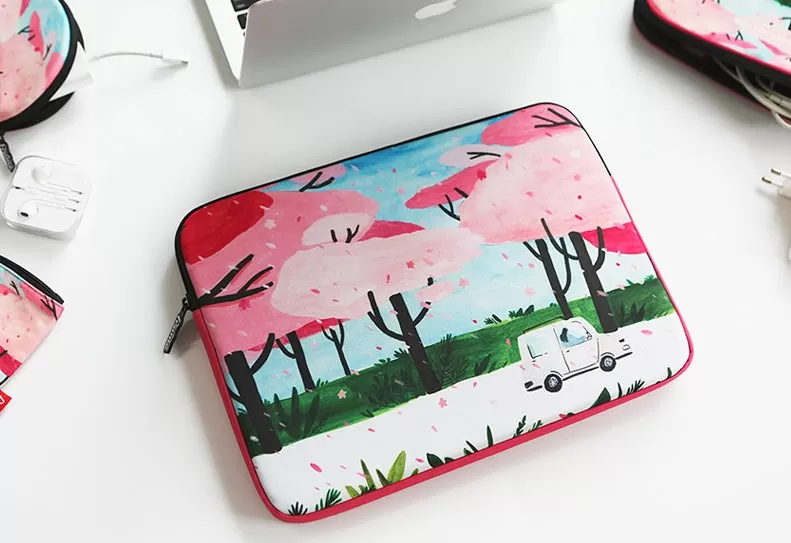 Pink Flower Floral Rain Graphic Laptop Sleeves 11 13 15inch Cases Protective Covers Handbags Square Pouches Designer Artist Prints Cute Lightweight School Collage Office Zipper Fashion Unique Gifts Couple Items Skins