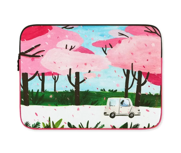 Pink Flower Floral Rain Graphic Laptop Sleeves 11 13 15inch Cases Protective Covers Handbags Square Pouches Designer Artist Prints Cute Lightweight School Collage Office Zipper Fashion Unique Gifts Couple Items Skins