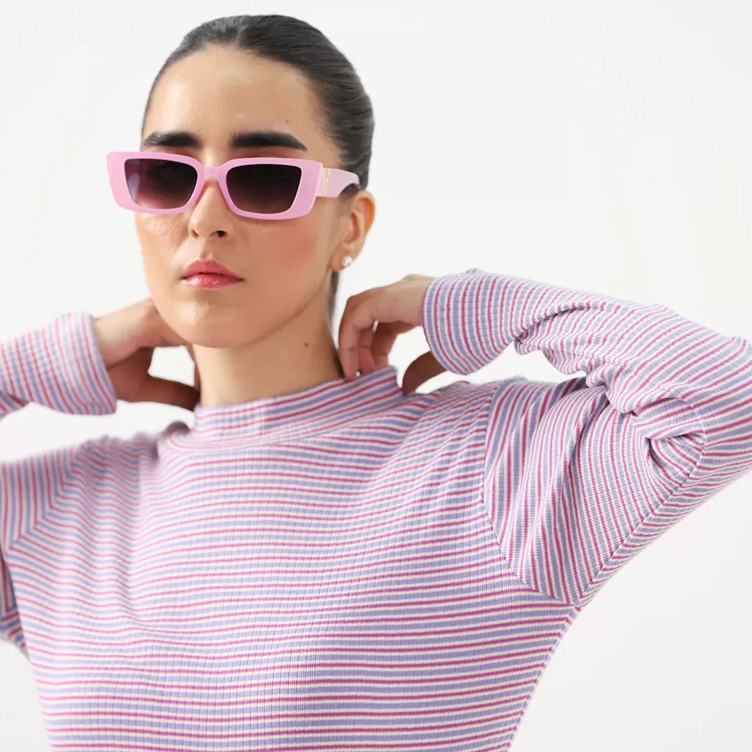 Pink Striped Mock Neck Long Sleeve Top