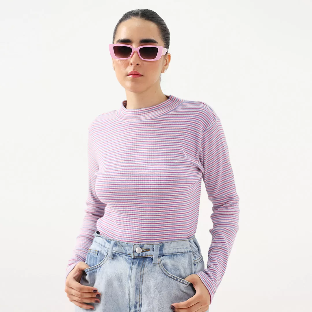 Pink Striped Mock Neck Long Sleeve Top