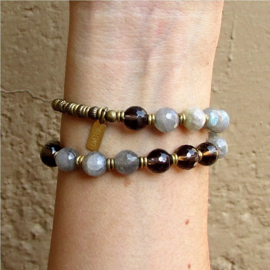 Positivity and Serendipity, Genuine Labradorite and Smoky Quartz 27 Bead Wrap Mala Bracelet