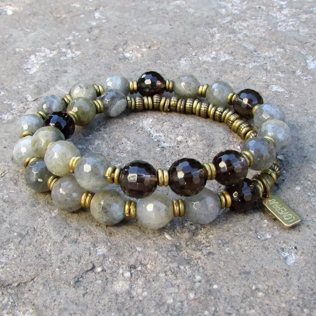 Positivity and Serendipity, Genuine Labradorite and Smoky Quartz 27 Bead Wrap Mala Bracelet