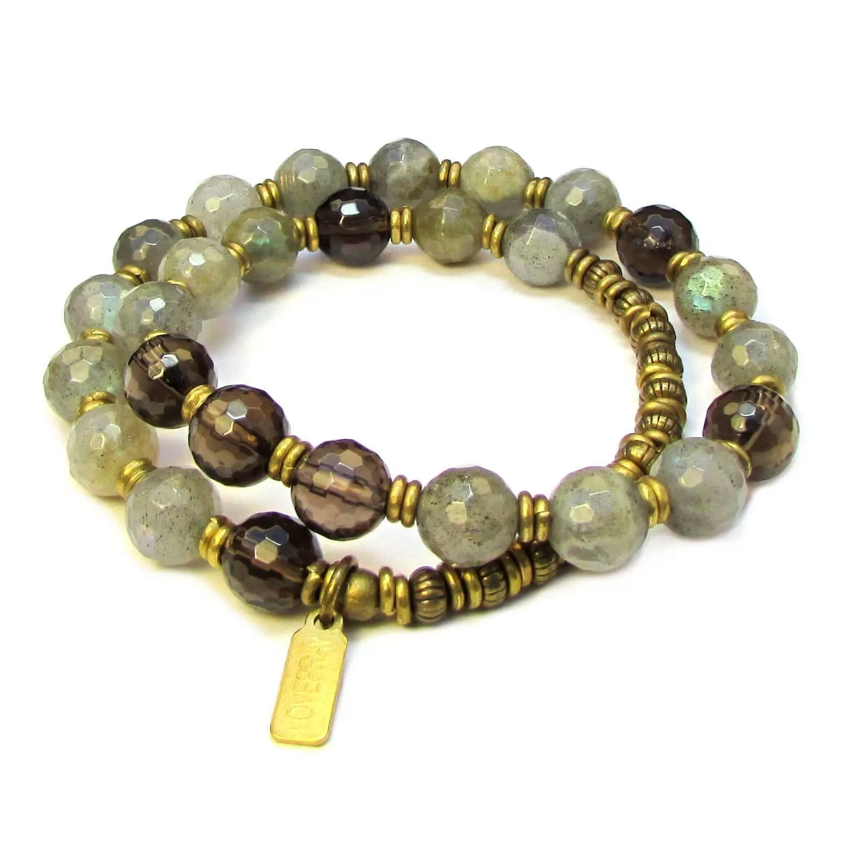 Positivity and Serendipity, Genuine Labradorite and Smoky Quartz 27 Bead Wrap Mala Bracelet