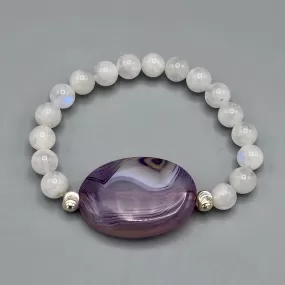 Purple Banded Agate with Moonstones and Sterling Silver Women’s Chunky Stretch Bracelet