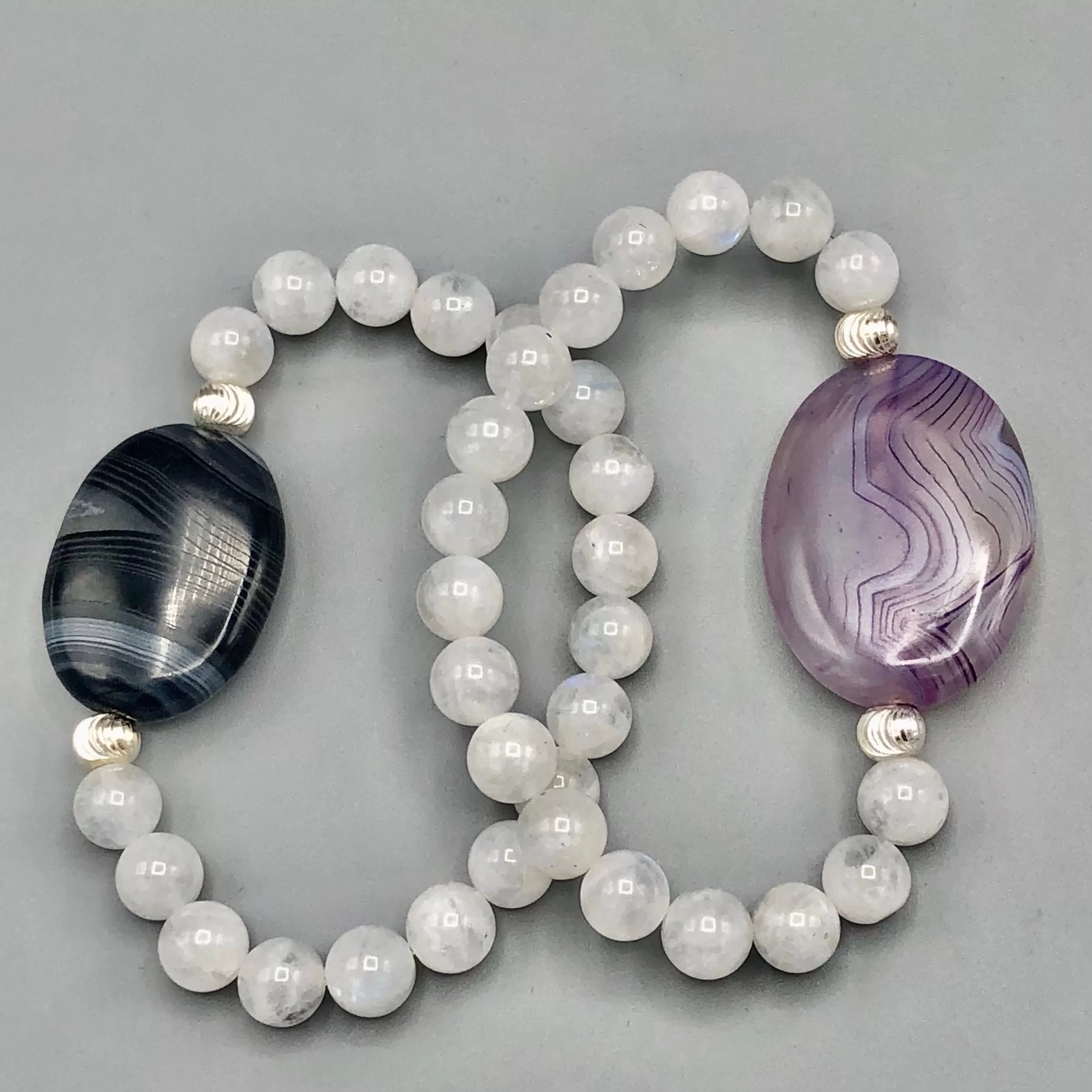 Purple Banded Agate with Moonstones and Sterling Silver Women’s Chunky Stretch Bracelet