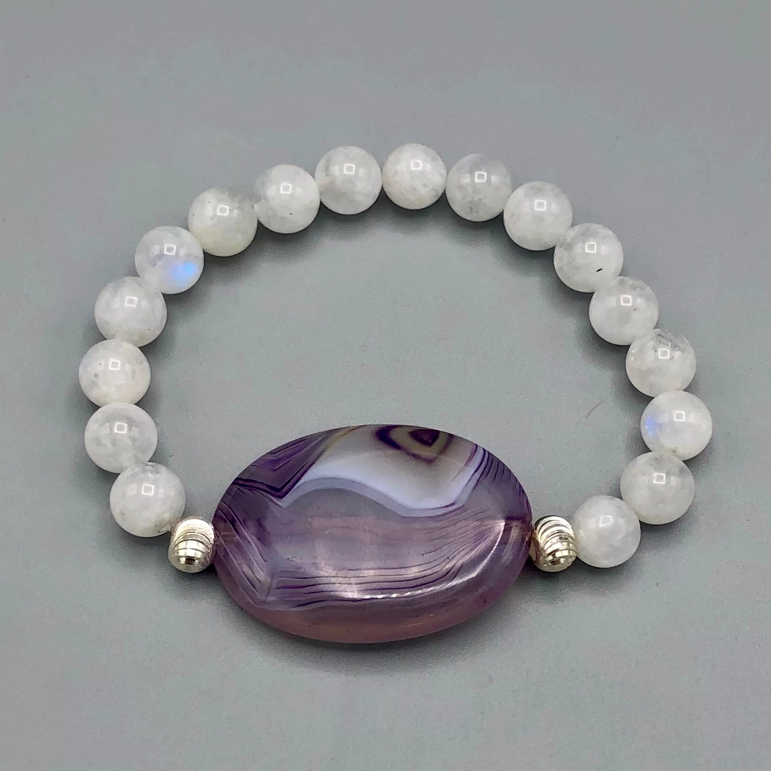 Purple Banded Agate with Moonstones and Sterling Silver Women’s Chunky Stretch Bracelet