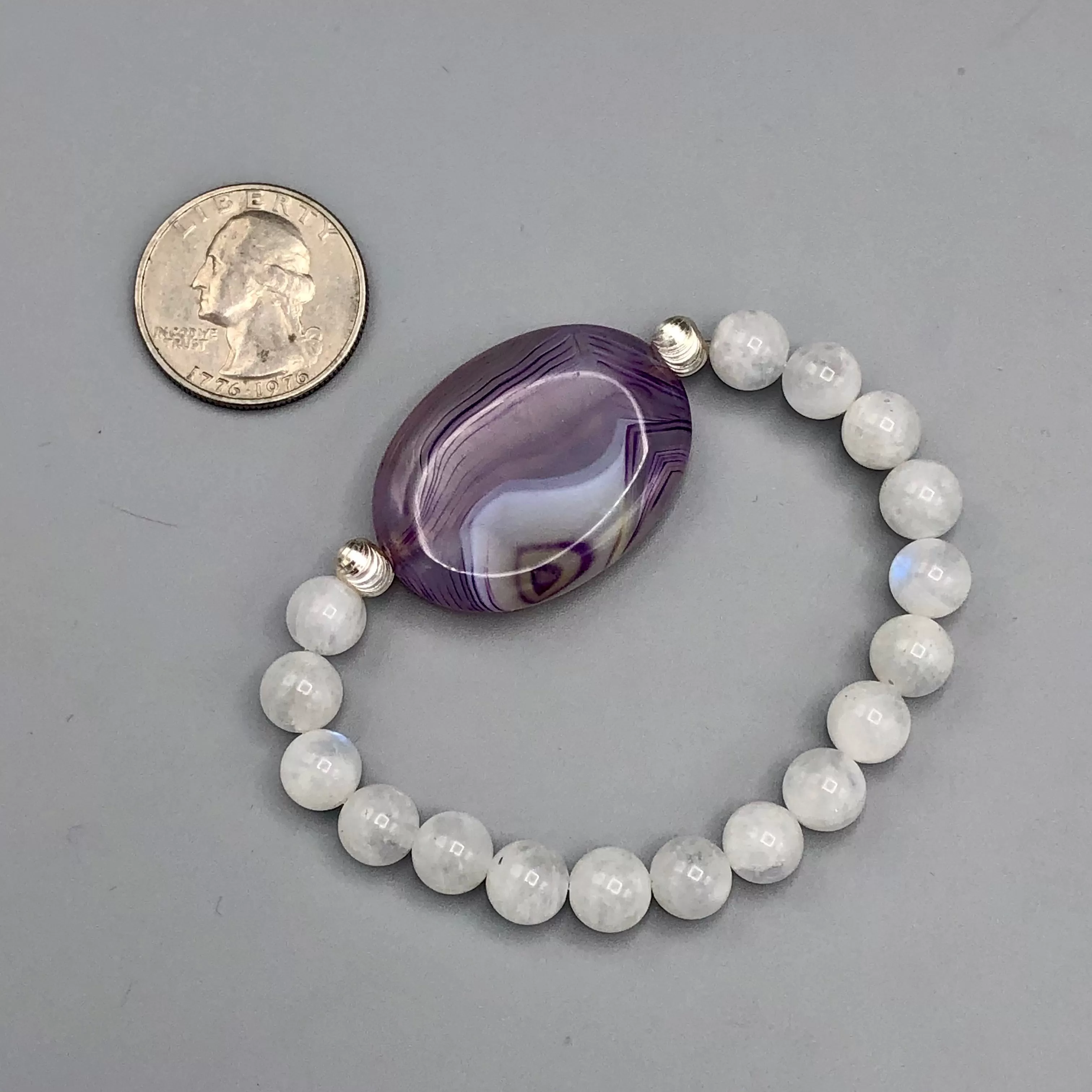 Purple Banded Agate with Moonstones and Sterling Silver Women’s Chunky Stretch Bracelet