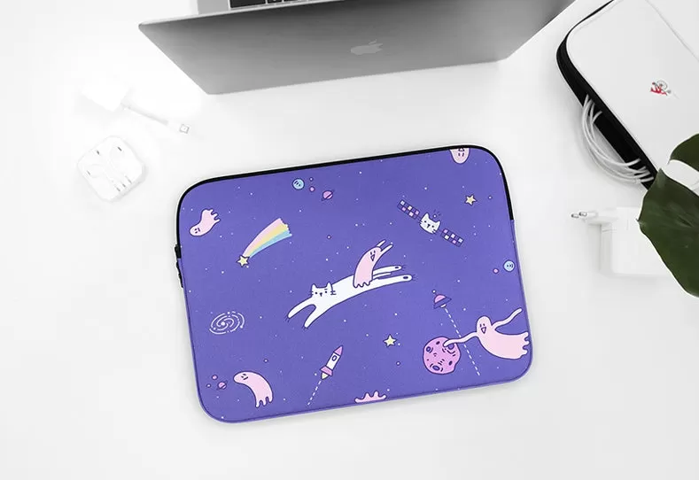 Purple Cat Space Graphic Laptop Sleeves iPad 11 13 15 inch Cases Protective Covers Handbags Square Pouches Designer Artist Prints Cute Lightweight School Collage Office Zipper Fashion Unique Gifts