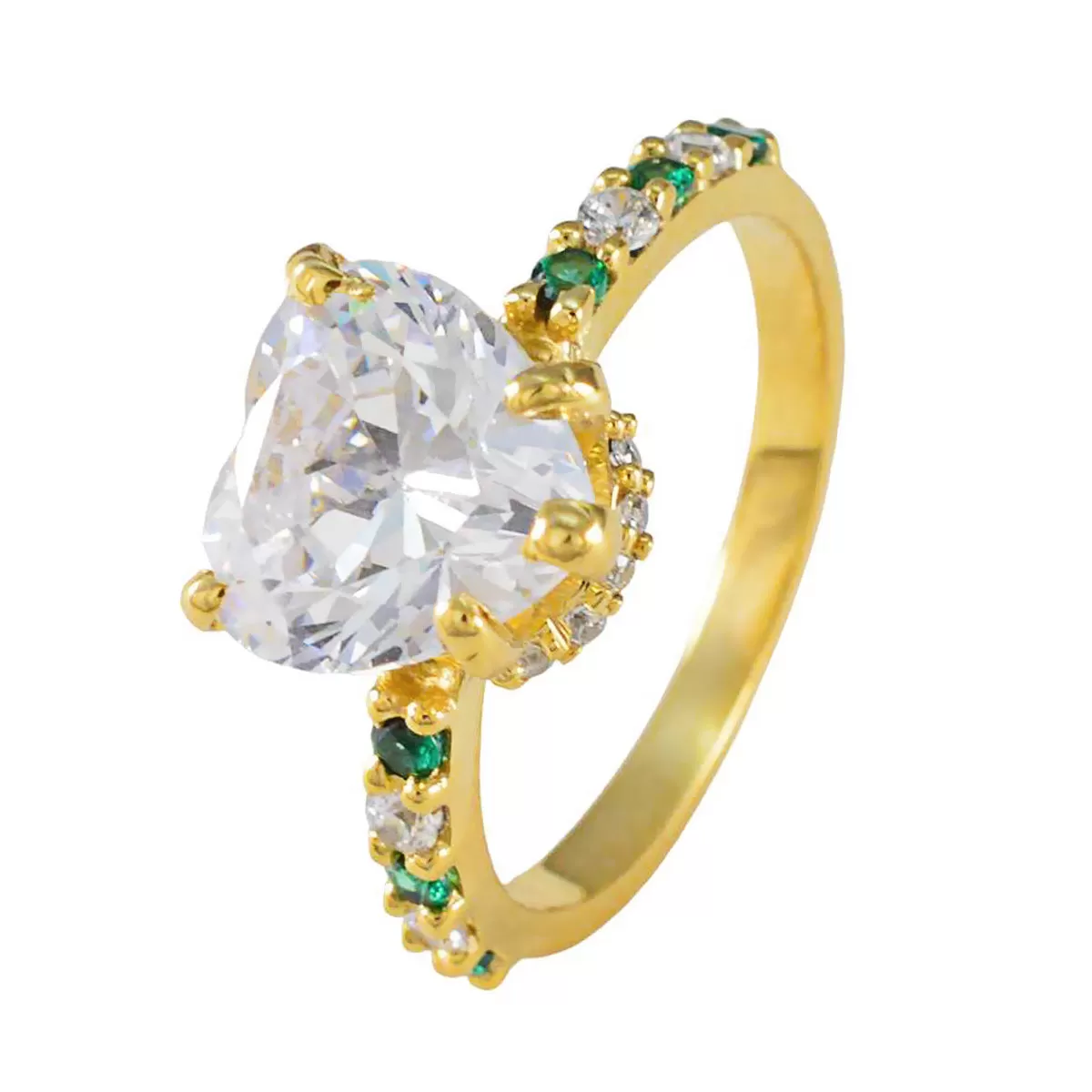 Riyo Desirable Silver Ring With Yellow Gold Plating Emerald CZ Stone Heart Shape Prong Setting Stylish Jewelry New Year Ring