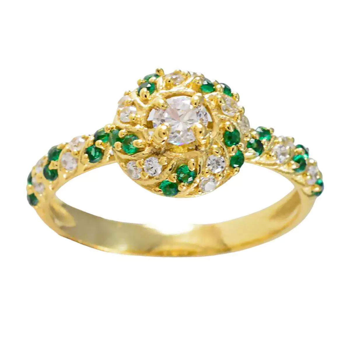 Riyo Extensive Silver Ring With Yellow Gold Plating Emerald CZ Stone Round Shape Prong Setting Bridal Jewelry Birthday Ring