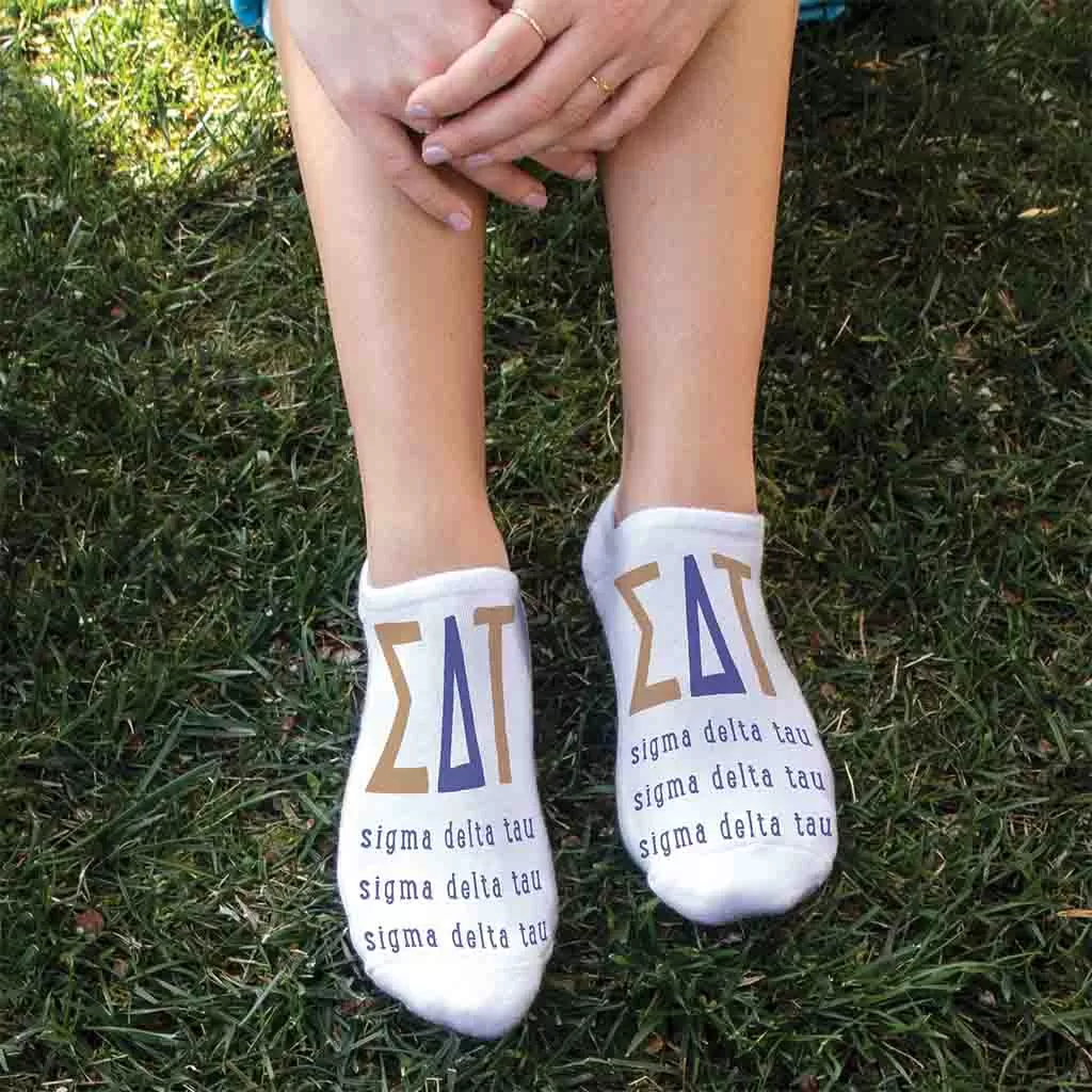 Sigma Delta Tau Sorority Socks with Large Greek Letters, Printed on No Show Socks