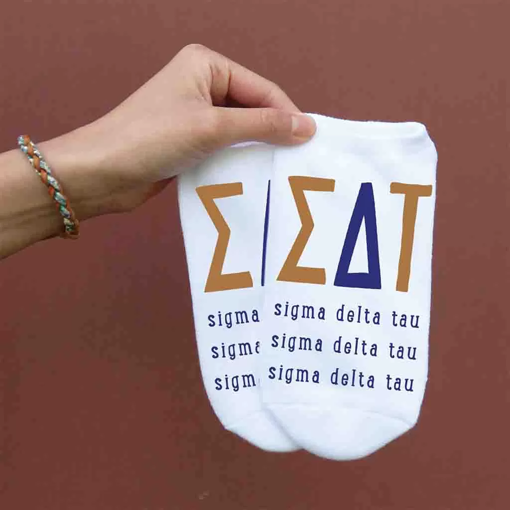 Sigma Delta Tau Sorority Socks with Large Greek Letters, Printed on No Show Socks