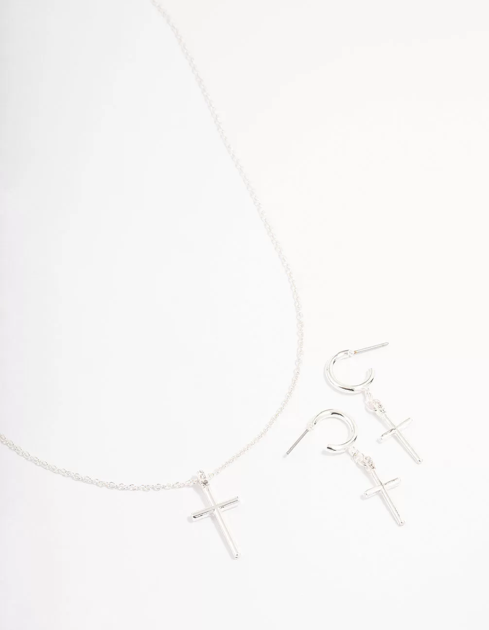 Silver Plated Sleek Cross Necklace & Earring Jewellery Set