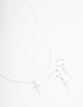 Silver Plated Sleek Cross Necklace & Earring Jewellery Set