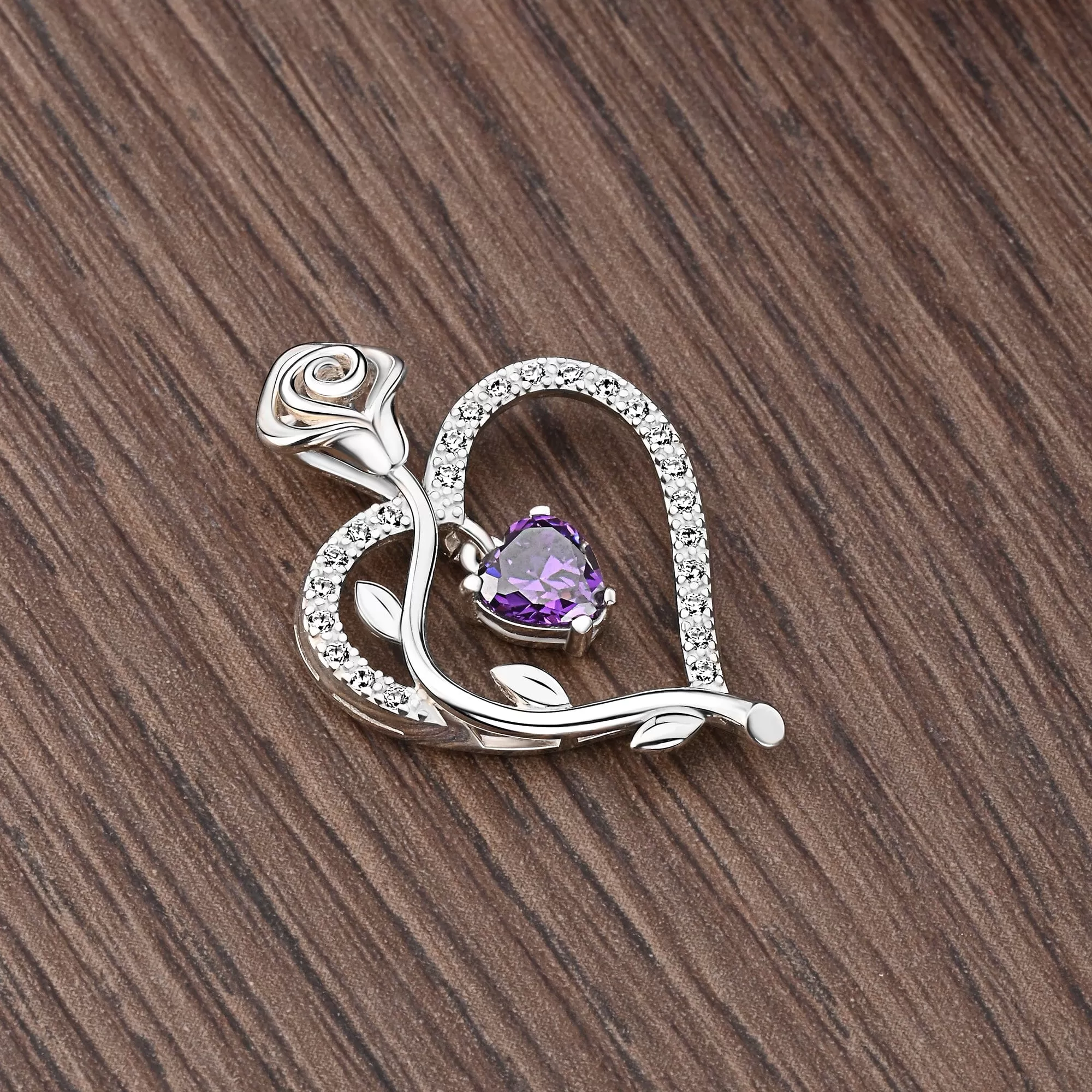 Sterling Silver Rose Heart Pendant with Purple CZ