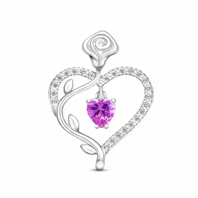 Sterling Silver Rose Heart Pendant with Purple CZ