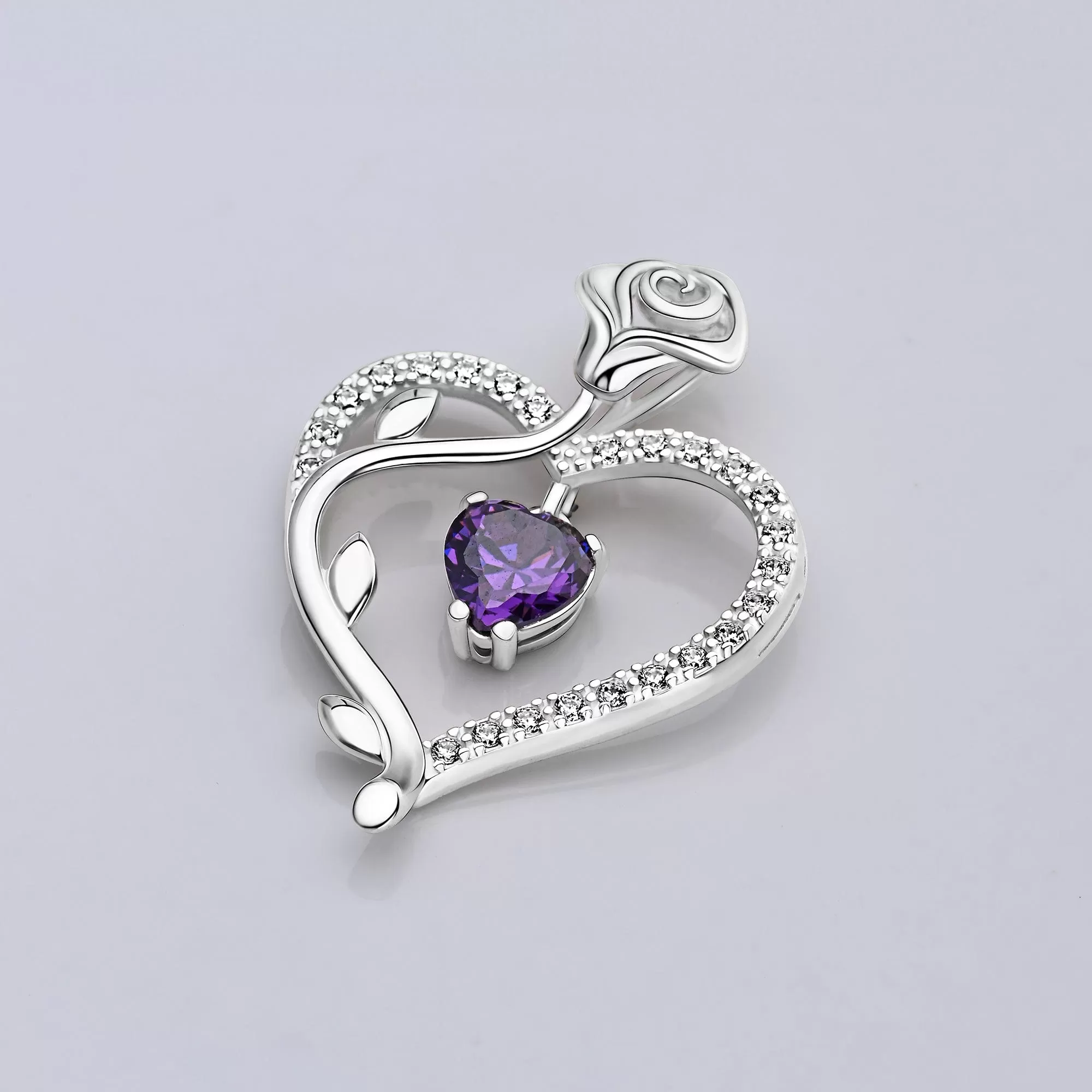 Sterling Silver Rose Heart Pendant with Purple CZ