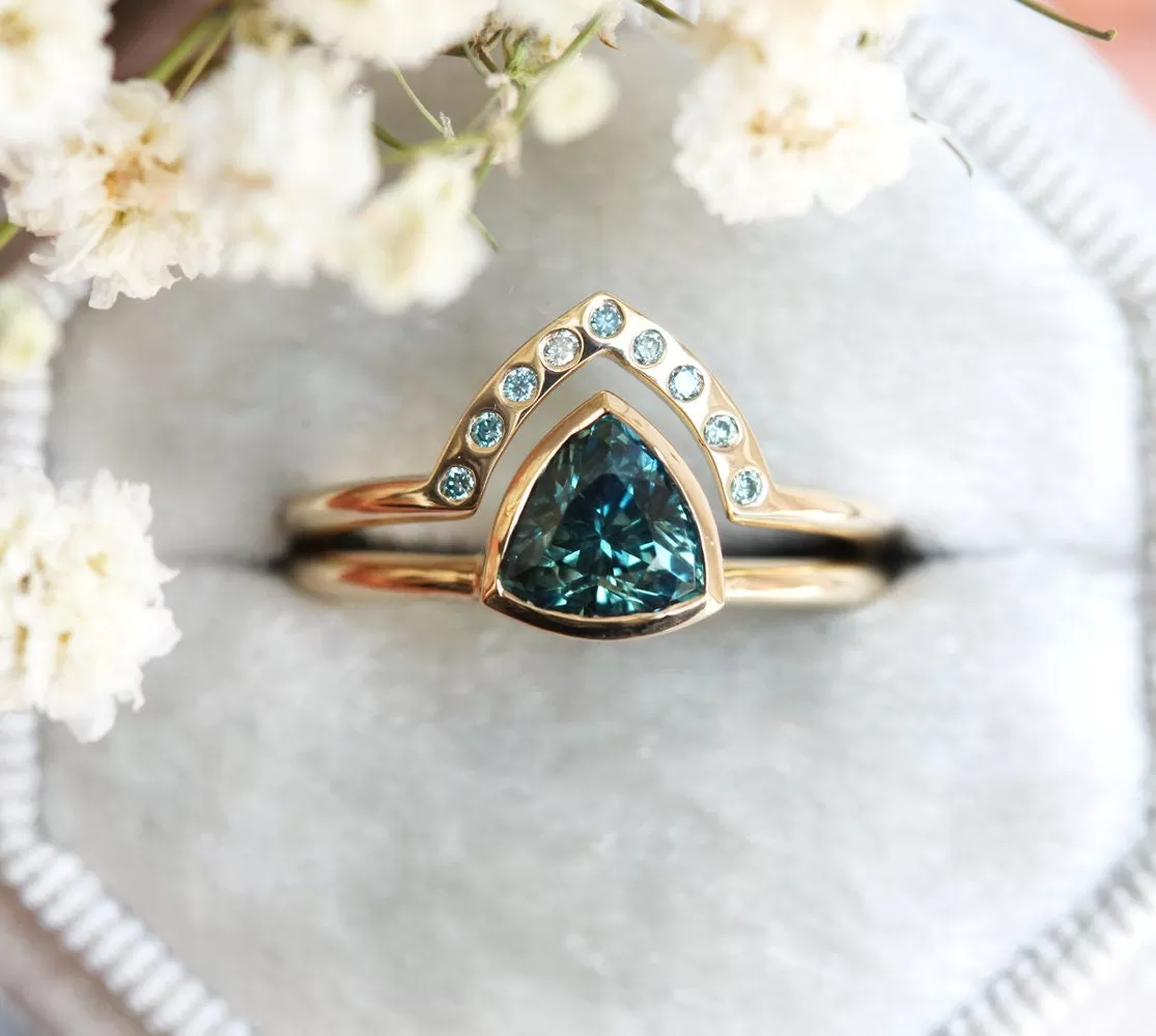 Teal Trillion Sapphire Ring With Blue Diamond Band, Trillion Sapphire Engagement Ring Solitaire With Teal Blue Diamond Ring, Matching Set