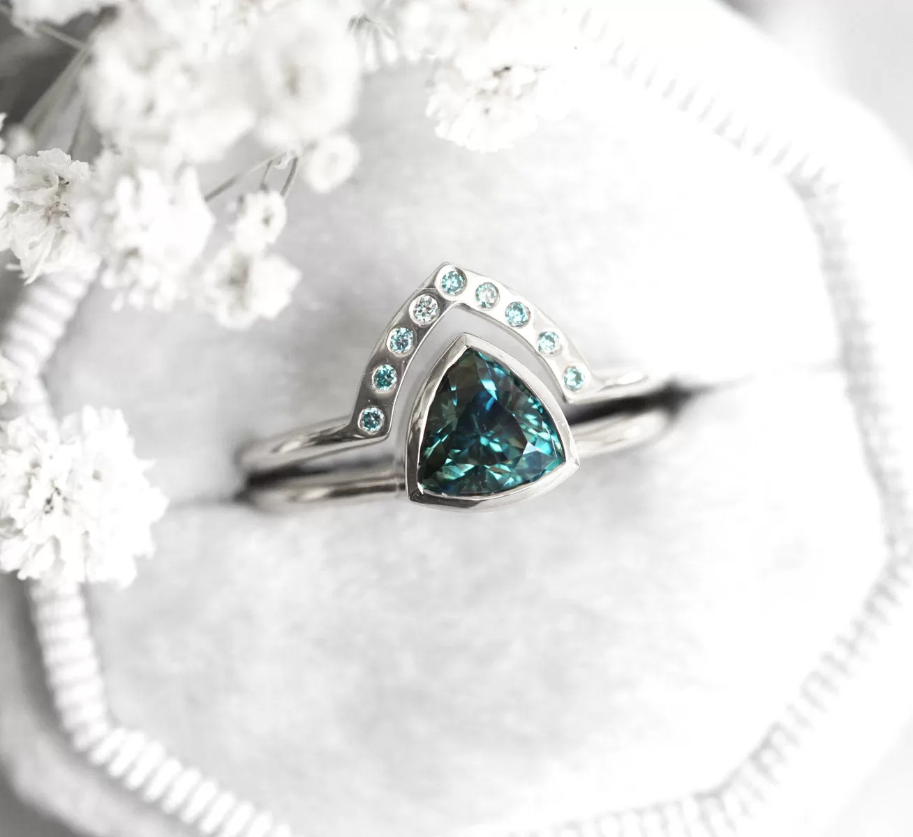 Teal Trillion Sapphire Ring With Blue Diamond Band, Trillion Sapphire Engagement Ring Solitaire With Teal Blue Diamond Ring, Matching Set