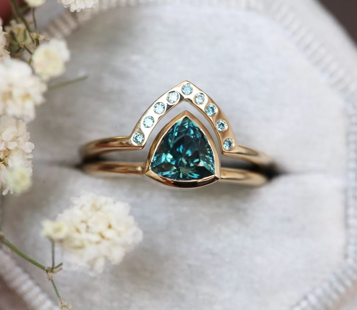 Teal Trillion Sapphire Ring With Blue Diamond Band, Trillion Sapphire Engagement Ring Solitaire With Teal Blue Diamond Ring, Matching Set