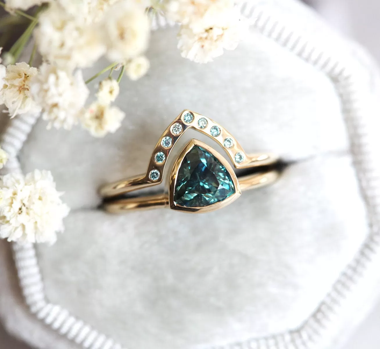 Teal Trillion Sapphire Ring With Blue Diamond Band, Trillion Sapphire Engagement Ring Solitaire With Teal Blue Diamond Ring, Matching Set