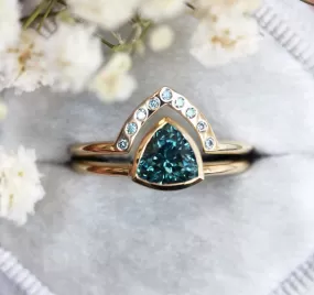 Teal Trillion Sapphire Ring With Blue Diamond Band, Trillion Sapphire Engagement Ring Solitaire With Teal Blue Diamond Ring, Matching Set