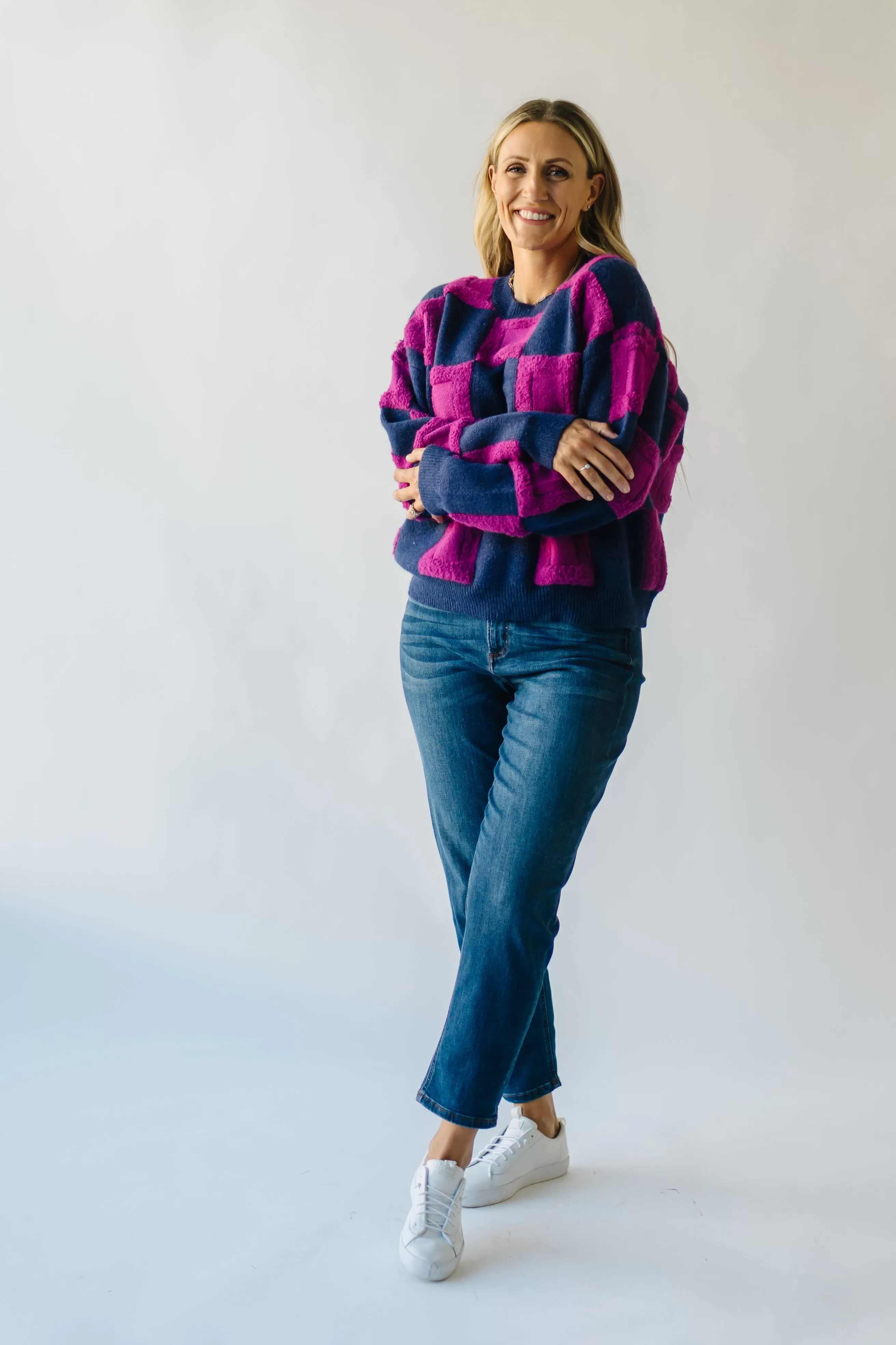 The Cortland Checkered Sweater in Navy   Purple