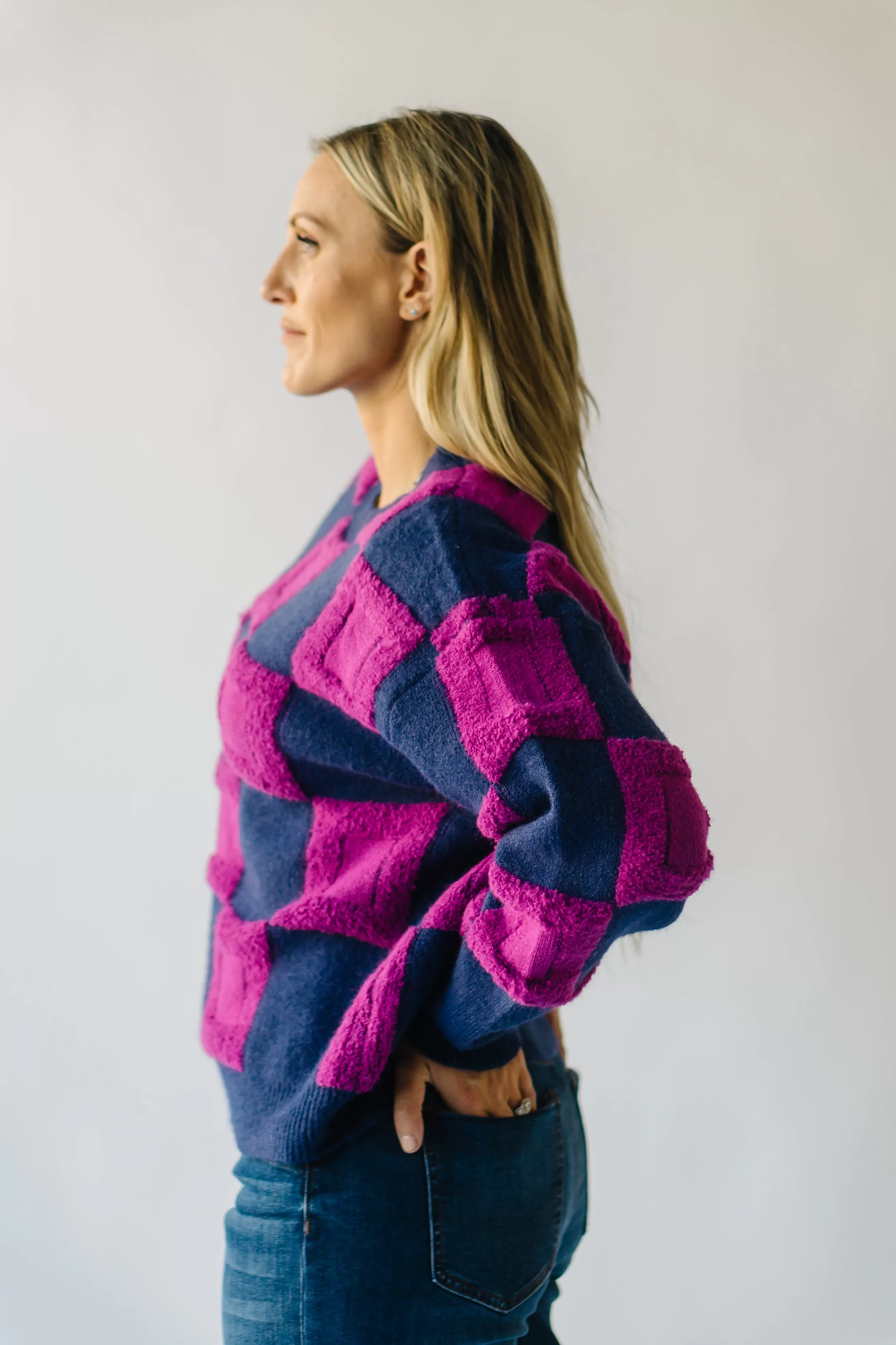 The Cortland Checkered Sweater in Navy   Purple