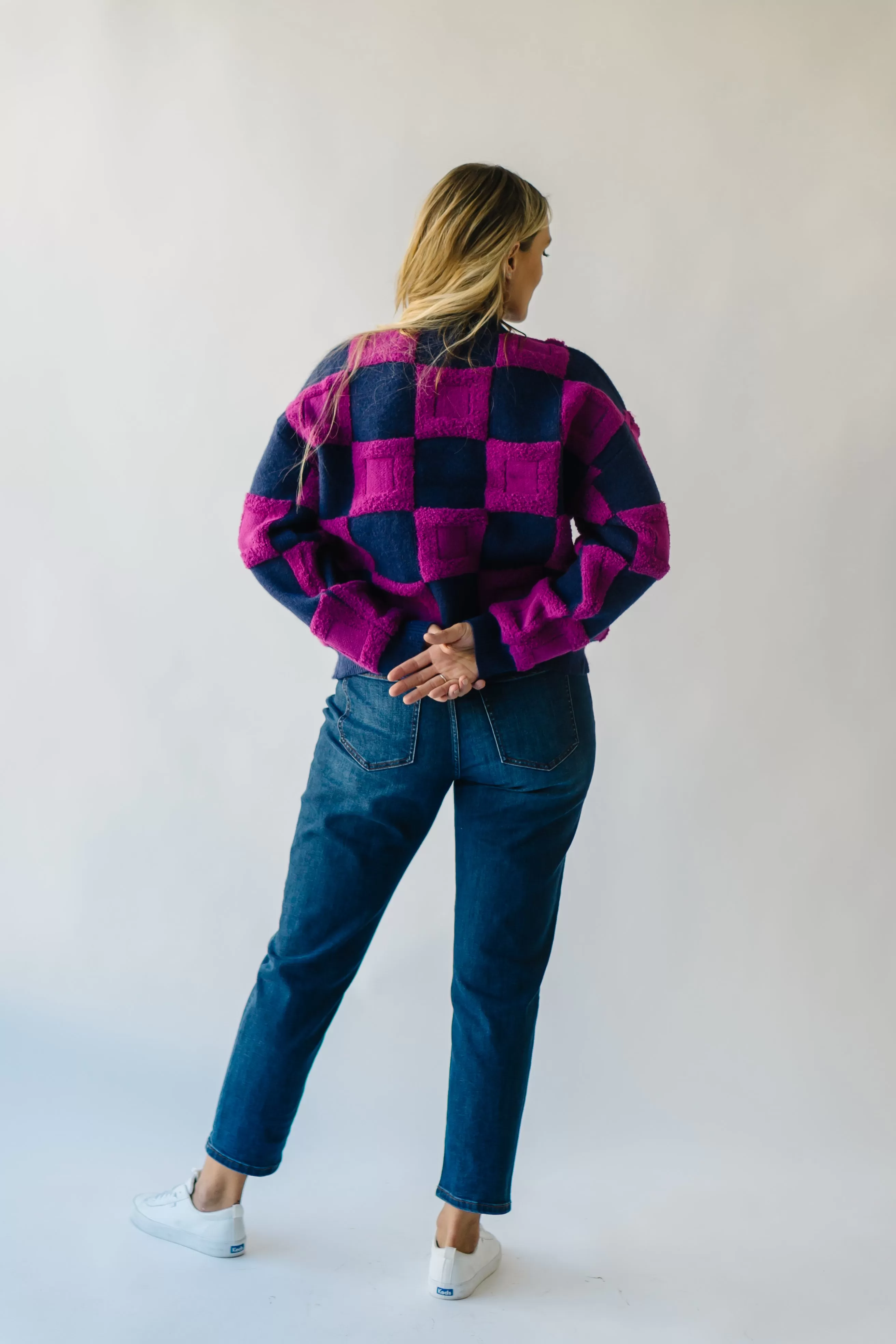 The Cortland Checkered Sweater in Navy   Purple