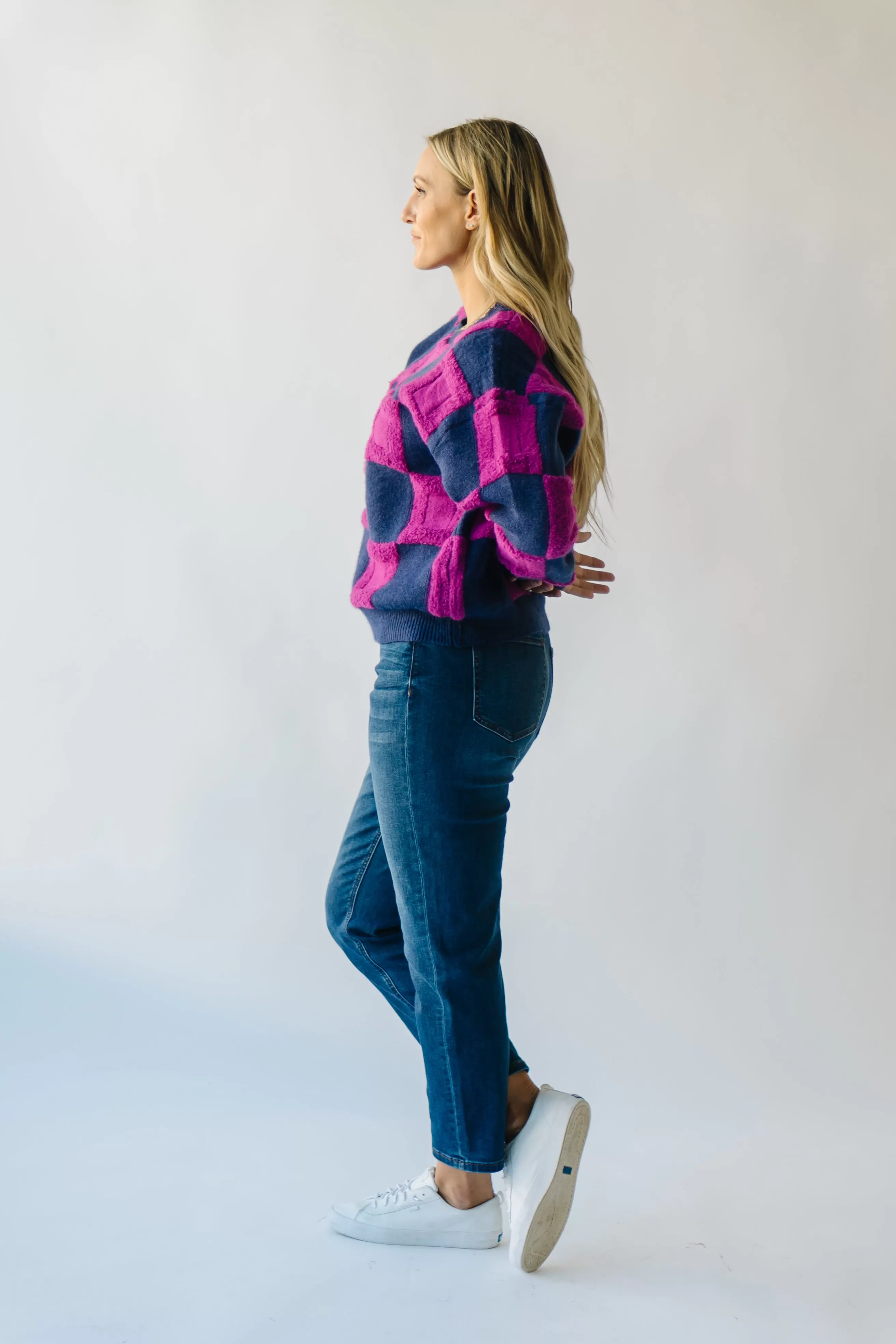 The Cortland Checkered Sweater in Navy   Purple