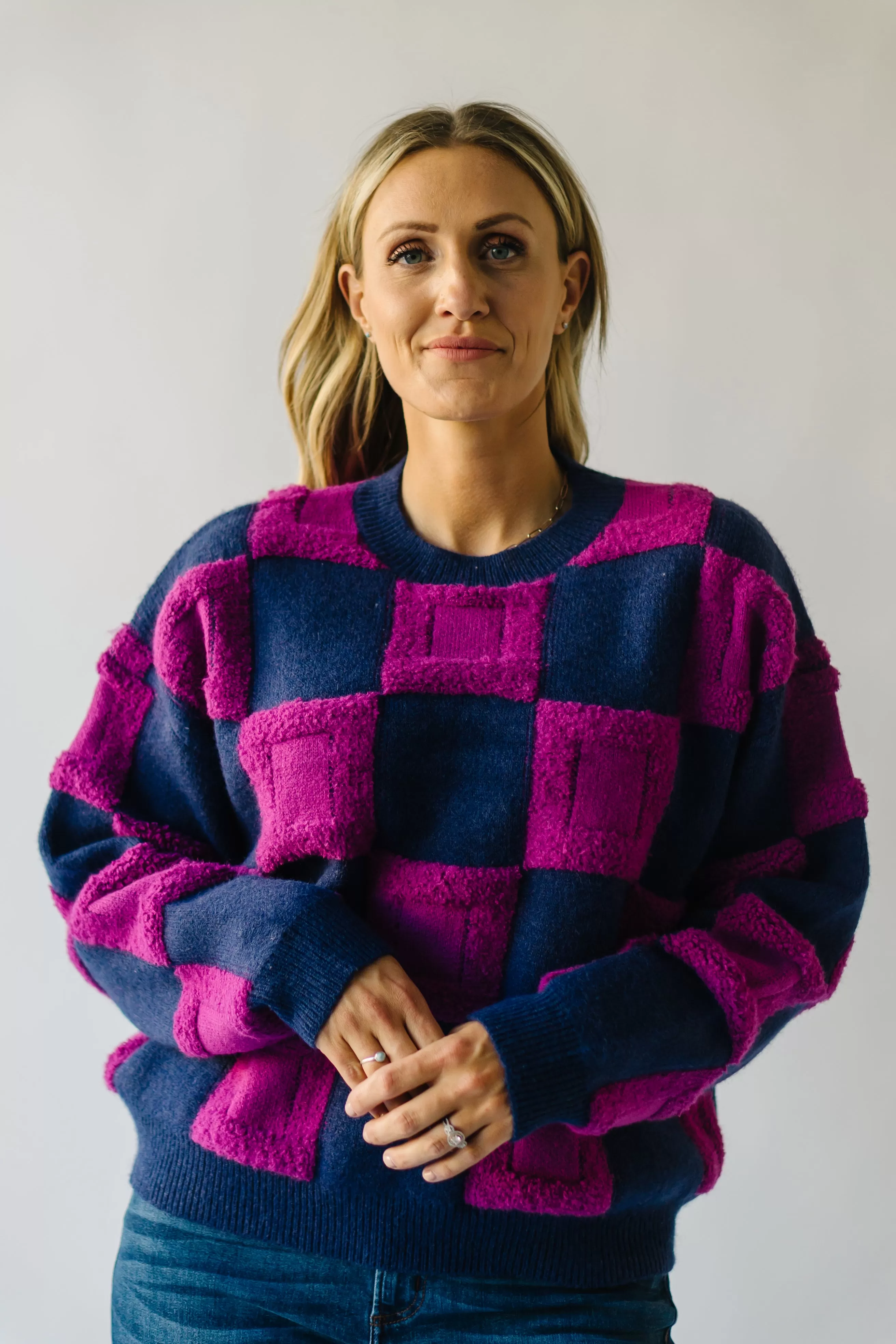 The Cortland Checkered Sweater in Navy   Purple