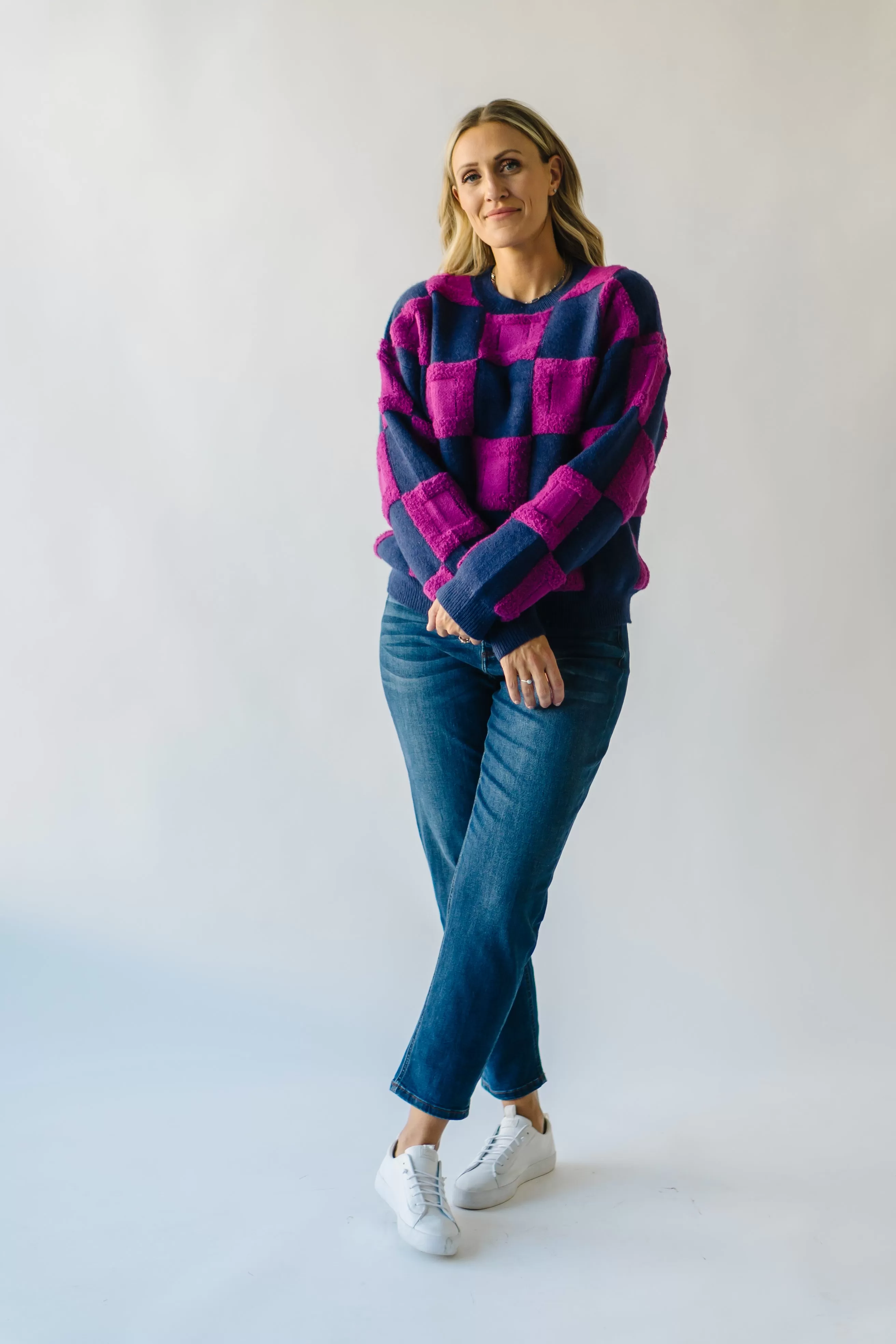 The Cortland Checkered Sweater in Navy   Purple