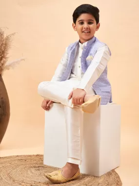 VASTRAMAY Boy's Lavender Woven Jacket With Cream Kurta and Pyjama Set