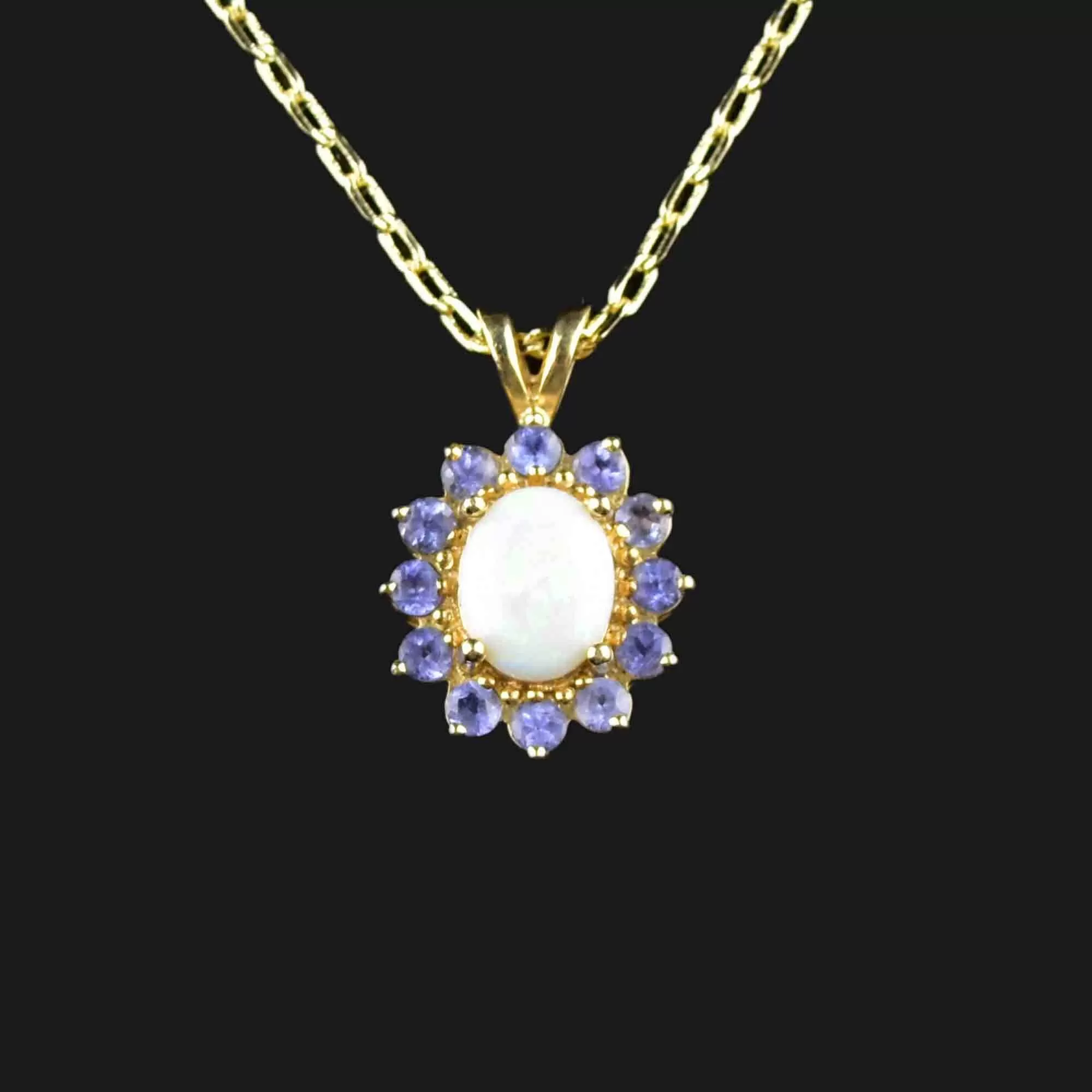 Vintage 14K Gold Opal Tanzanite Halo Pendant Necklace