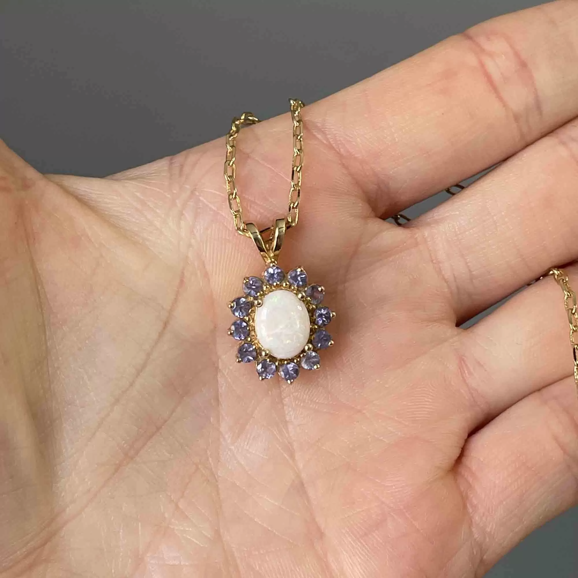 Vintage 14K Gold Opal Tanzanite Halo Pendant Necklace