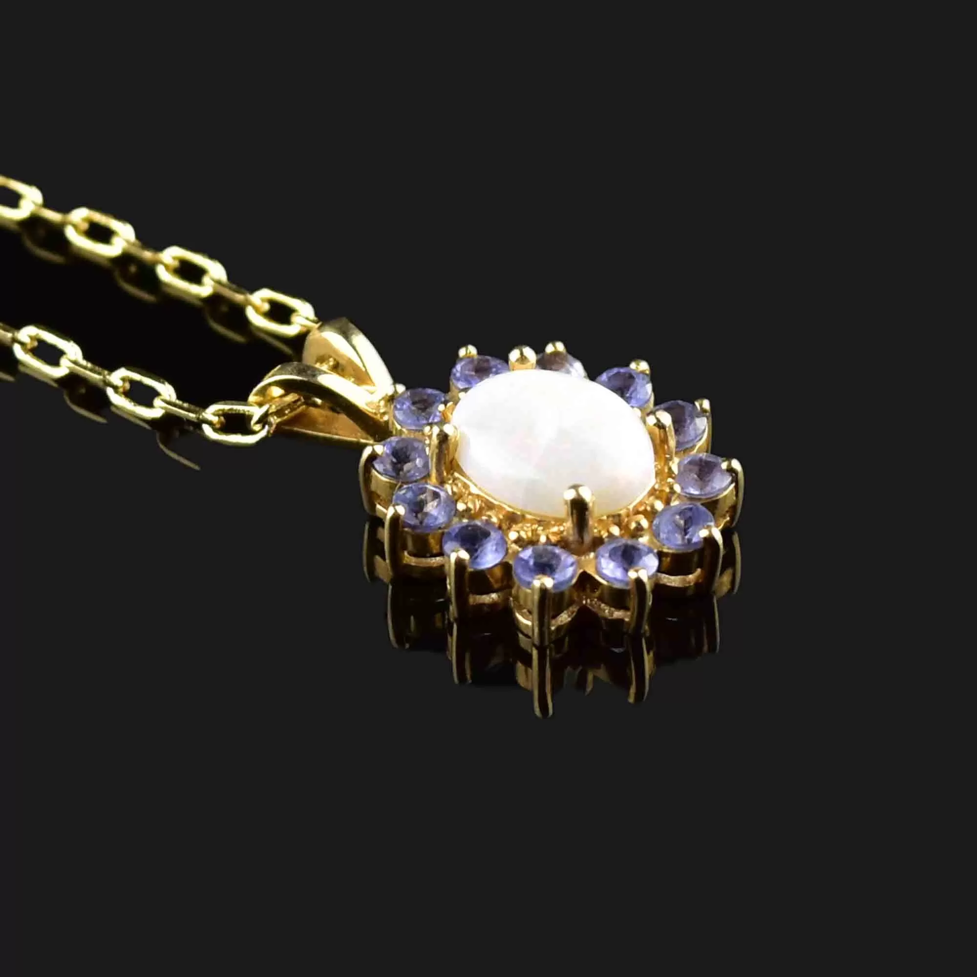 Vintage 14K Gold Opal Tanzanite Halo Pendant Necklace