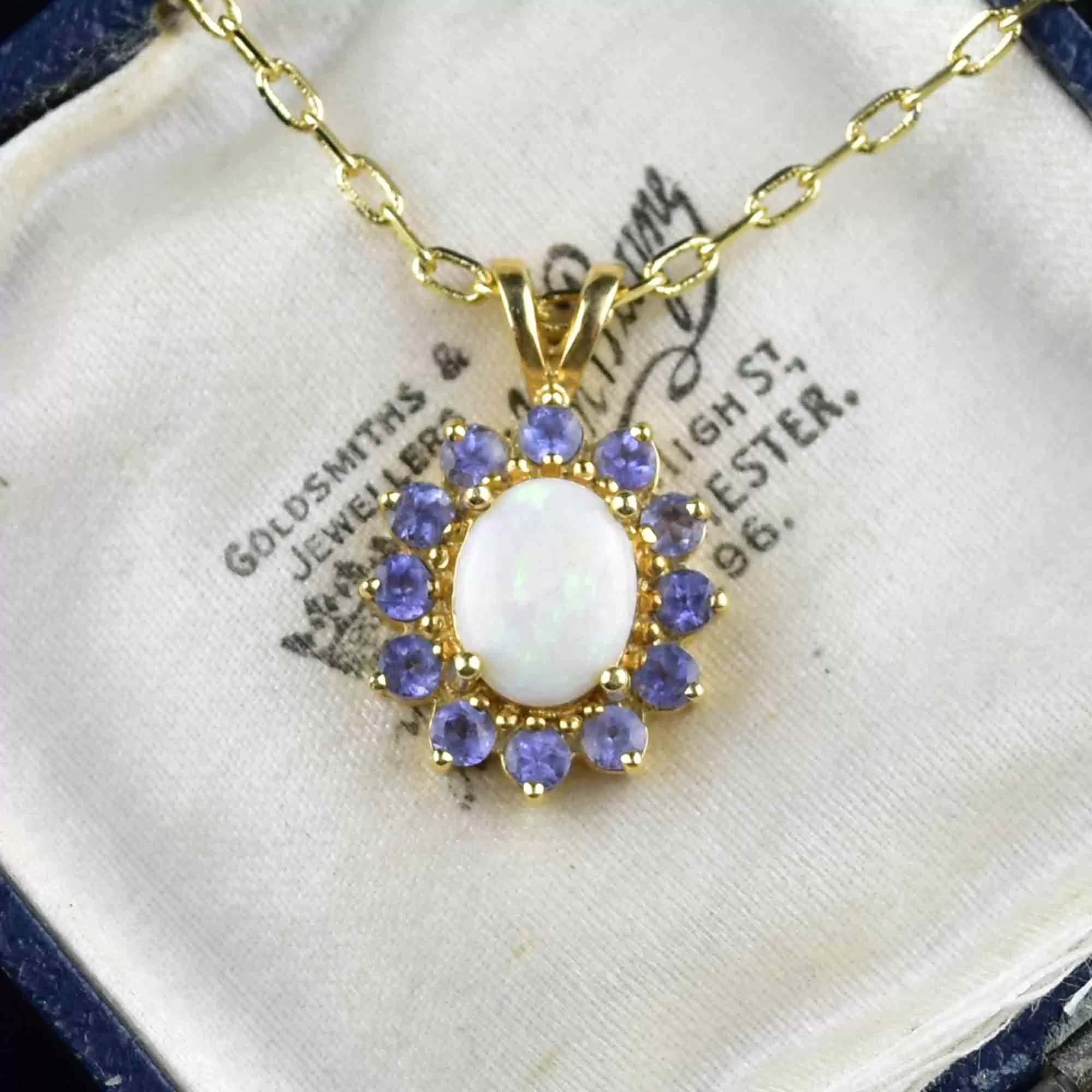 Vintage 14K Gold Opal Tanzanite Halo Pendant Necklace