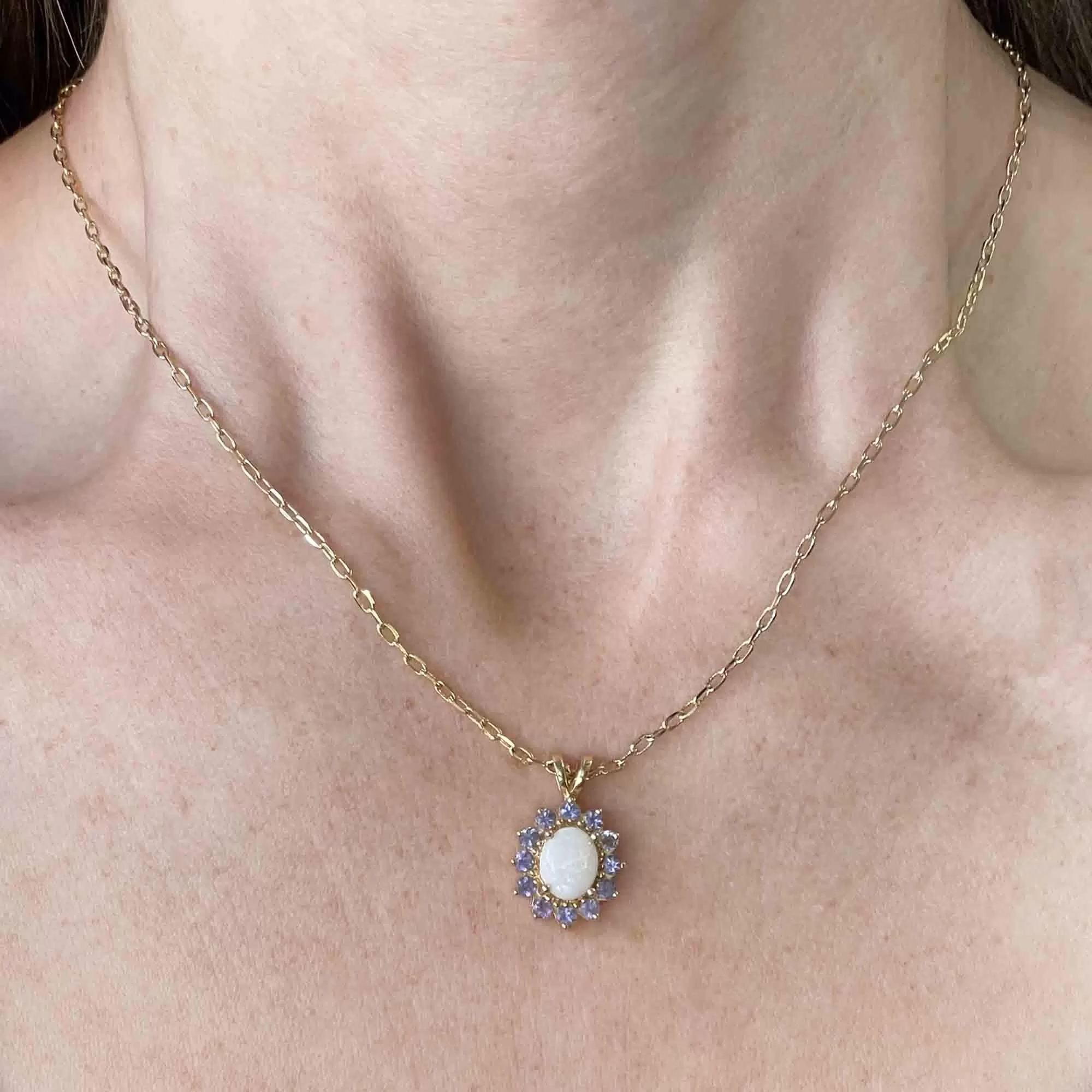 Vintage 14K Gold Opal Tanzanite Halo Pendant Necklace