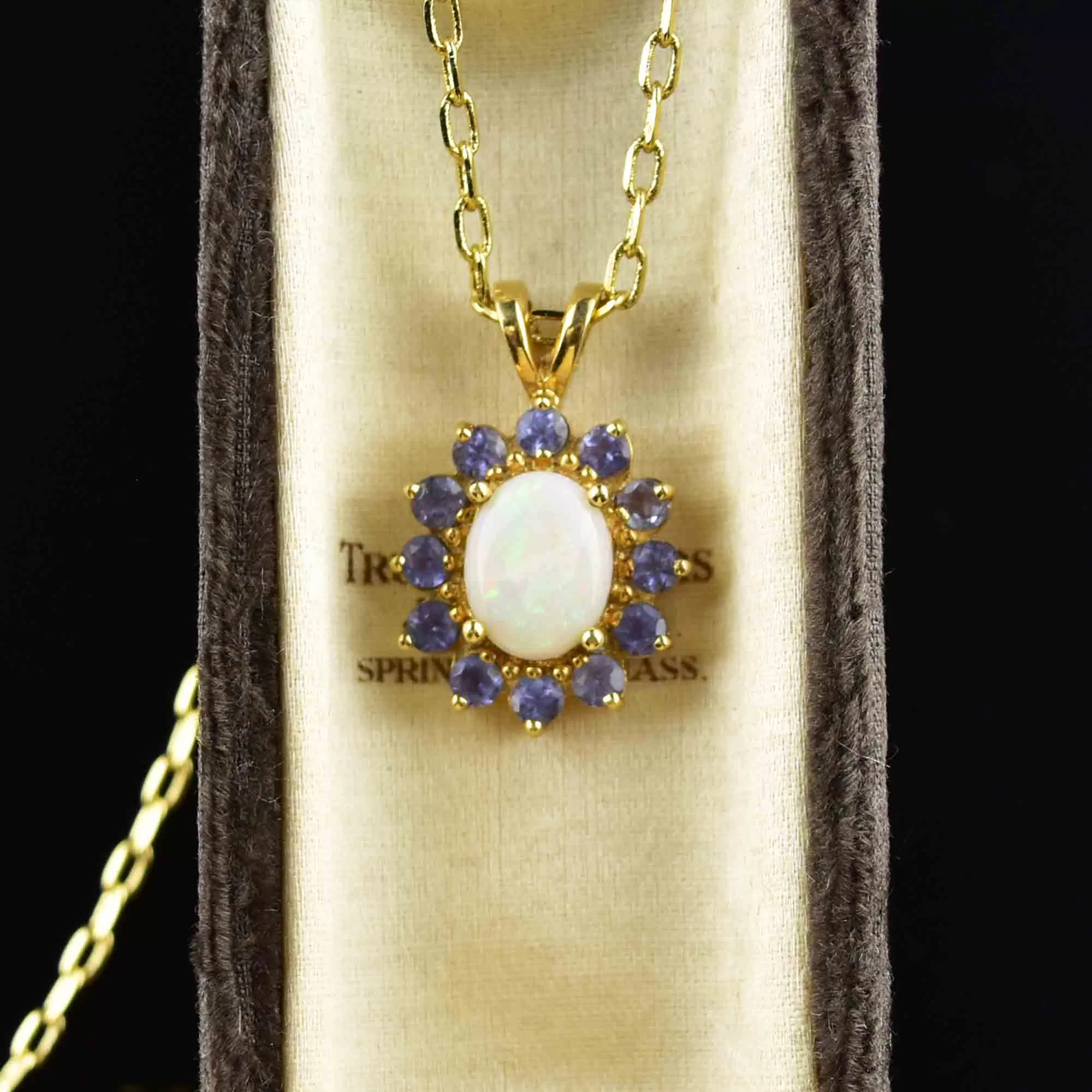 Vintage 14K Gold Opal Tanzanite Halo Pendant Necklace